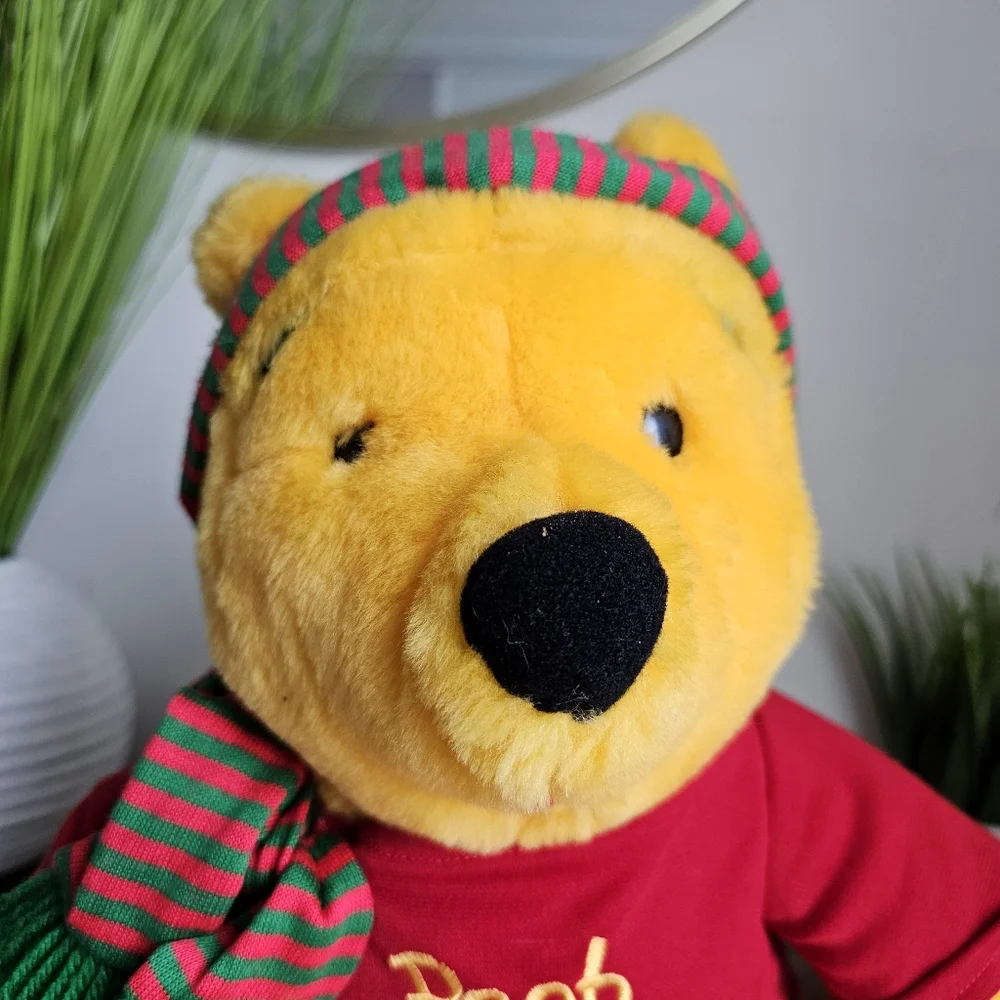 Vintage Disney Winnie the Pooh Plush 14” Mattel Arcotoys Holiday Scarf Red Shirt